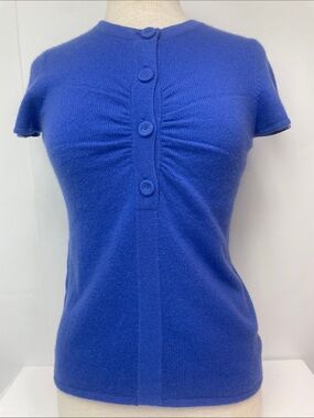 Kinross Cashmere Royal Blue Short-Sleeve Button-Front Knit Top, Size S